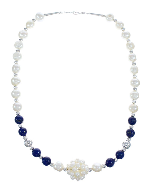 Fresh Water Pearl with Lapis Sterling Silver Bead Necklace KX121310